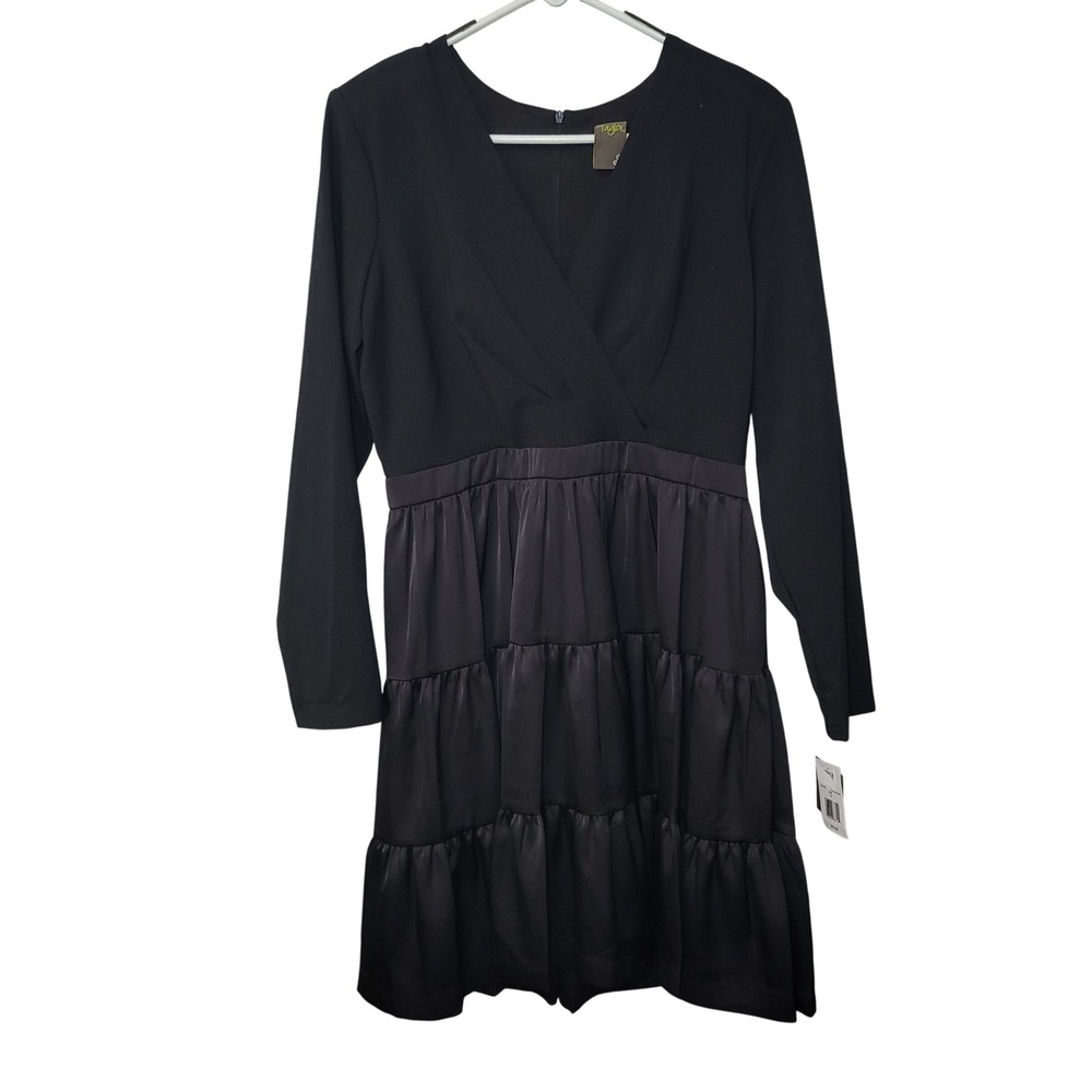 Taylor‎ Black Long Sleeve V Neck Tiered Satin Skirt Dress 3998MK Womens 14